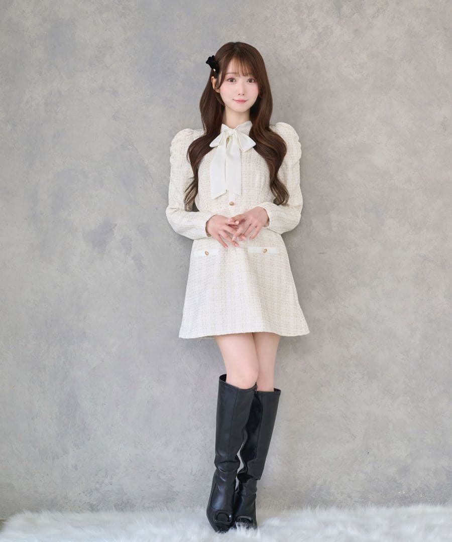 ロゼミューズ Ribbon tie tweed mini onepiece